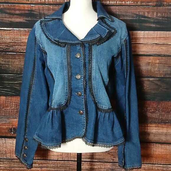 Pyramid Collection Jean Jacket L Lace Trim Peplum Blue Denim - Picture 2 of 9